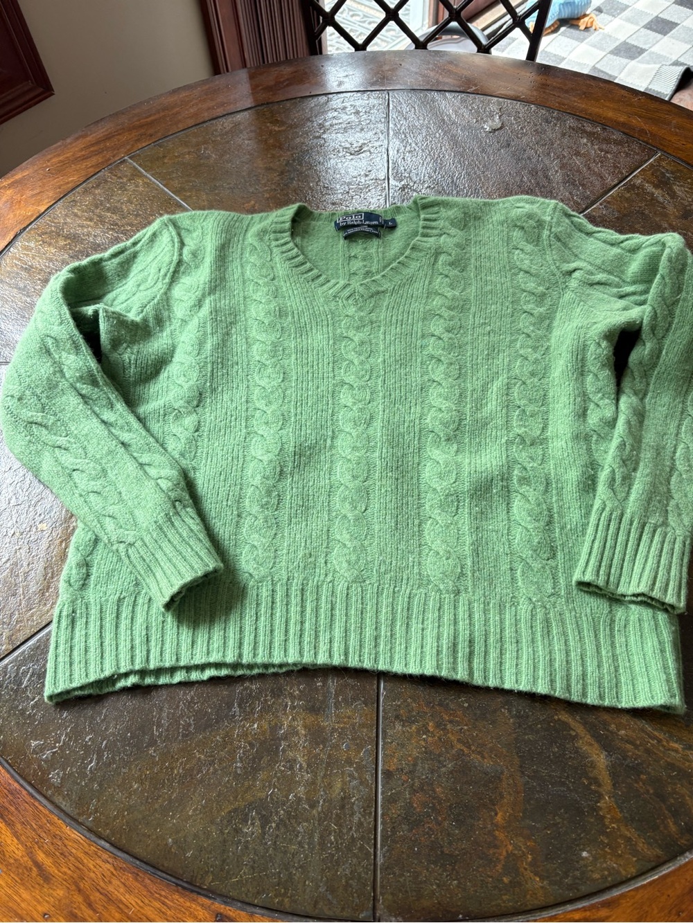 Ralph Lauren Green Cable‑Knit V‑Neck Sweater